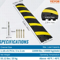 VEVOR 72'' Rubber Speed Bump, Dual Channel, Supports up to 22000 lbs, Durable Traffic Speed Hump with Bright Yellow Reflective Strip, Includes 4 Expansion Screws & Drill for Asphalt, Concrete, Grav