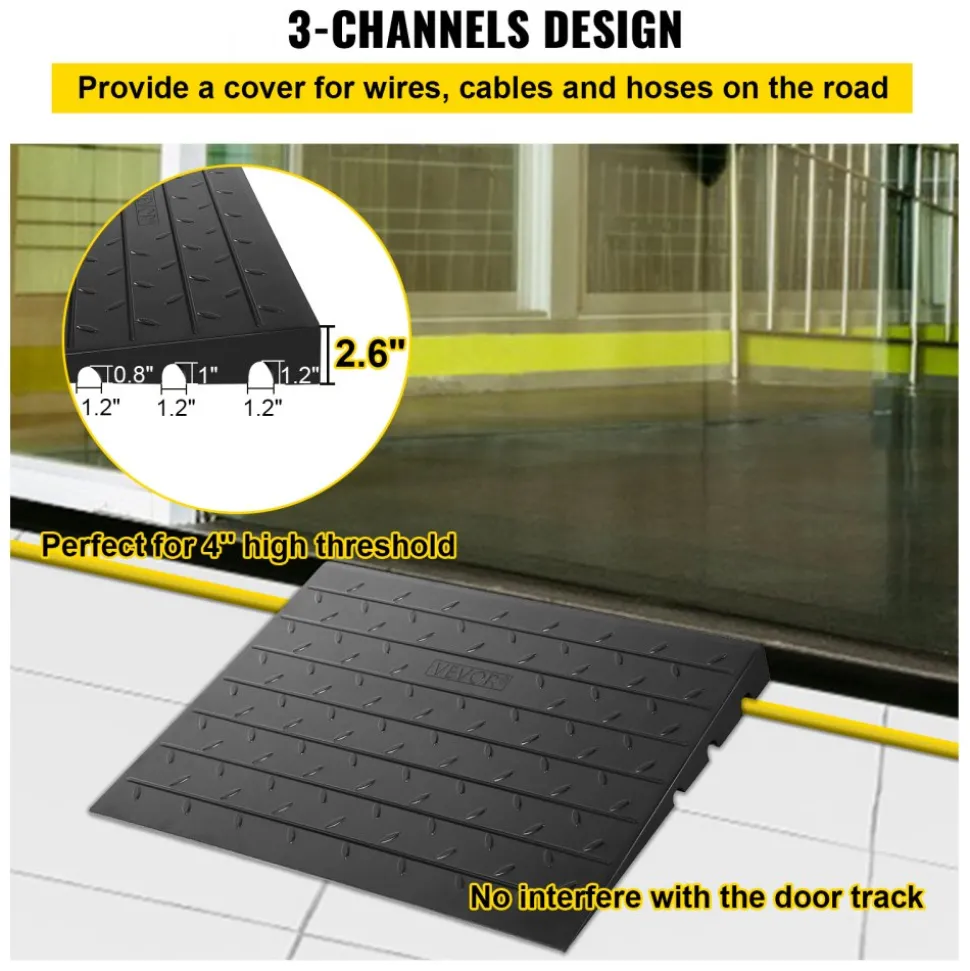 VEVOR Rubber Threshold Ramp, 2.6" Rise Threshold Ramp Doorway, 3 Channels Cord Cover Rubber Solid Threshold Ramp, Rubber Angled Entry Rated 2202 Lbs Load Capacity for Wheelchair and Scooter