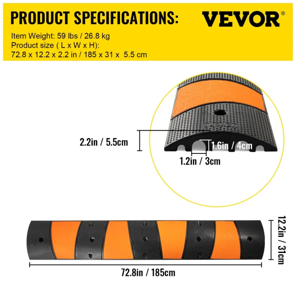 VEVOR Rubber Traffic Calming Device, Single Unit with Dual Channels, 72" Length Modular Design Supports Up to 22000 LBS, Dimensions 72.8 x 12.2 x 2.2, Suitable for Asphalt, Concrete, and Gravel Sur