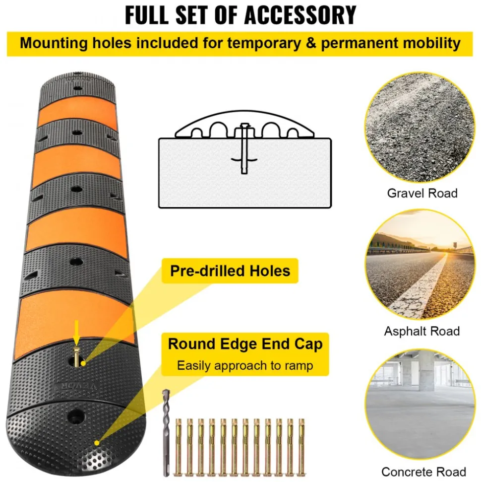VEVOR Rubber Traffic Calming Device, Single Unit with Dual Channels, 72" Length Modular Design Supports Up to 22000 LBS, Dimensions 72.8 x 12.2 x 2.2, Suitable for Asphalt, Concrete, and Gravel Sur
