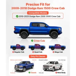 VEVOR Running Boards, 6 Inches Side Steps Compatible with 2009-2018 Dodge Ram 1500 Crew Cab, 2010-2025 Dodge Ram 2500 3500 Crew Cab(Not Fit 2019-2025 Ram 1500 New Body), Black Textured Aluminum Alloy Nerf Bars, 500 lbs Load Capacity
