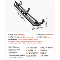 VEVOR Running Boards, 6 Inches Side Steps Compatible with 2009-2018 Dodge Ram 1500 Crew Cab, 2010-2025 Dodge Ram 2500 3500 Crew Cab(Not Fit 2019-2025 Ram 1500 New Body), Wide Non-Slip Black Carbon Steel Nerf Bars, 550 lbs Load Capacity