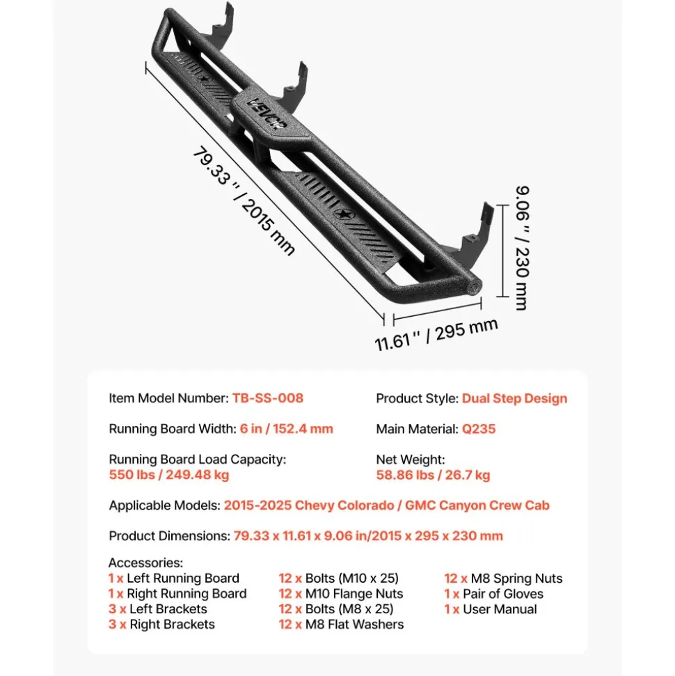 VEVOR Running Boards, 6 Inches Side Steps Compatible with 2015-2025 Chevy Colorado/GMC Canyon Crew Cab, Black Carbon Steel Nerf Bars, 550 lbs Load Capacity, Non-Slip Hollow Surface Rustproof Coating
