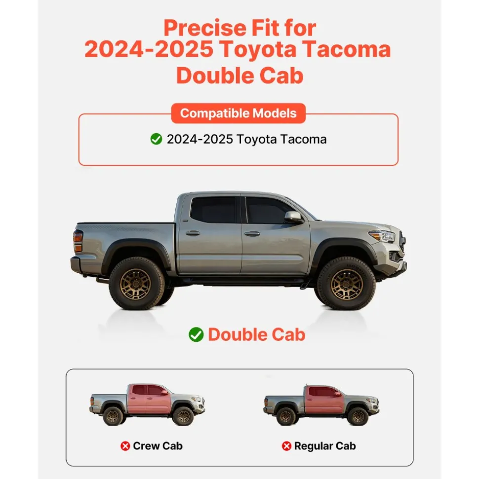 VEVOR Running Boards, 4 Inches Side Steps Compatible with 2024-2025 Toyota Tacoma Double Cab, Black Carbon Steel Nerf Bars, 550 lbs Load Capacity, Wide Non-Slip Hollow Surface with Rustproof Coating