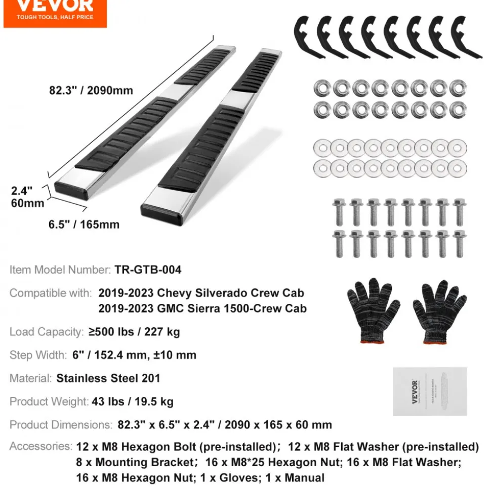 VEVOR Running Boards, 6" Step Bars Compatible with 2019-2023 Chevy Silverado/GMC Sierra 1500/2020-2024 Silverado/Sierra 2500/3500HD Crew Cab, 201 Stainless Steel Side Steps Nerf Bars, 500LBS, 2 Piece