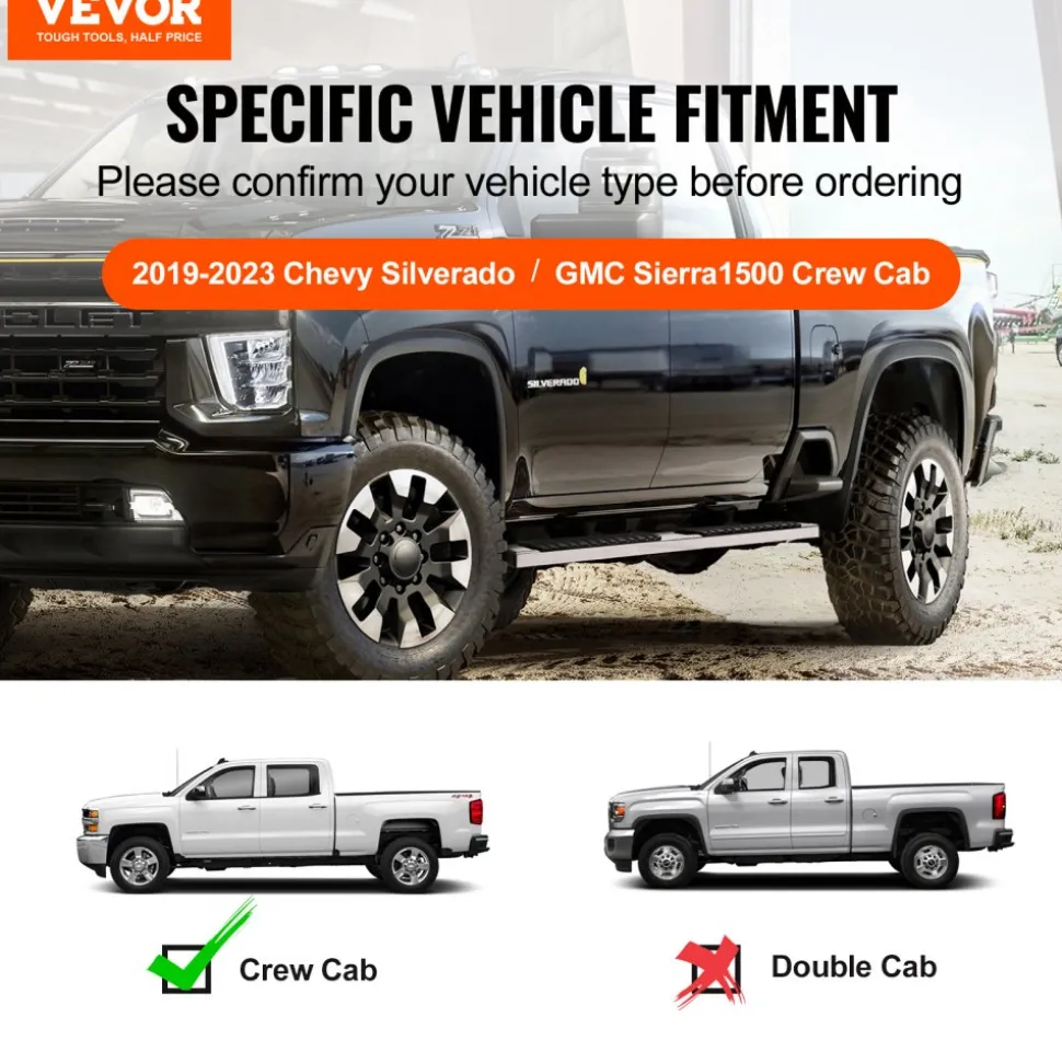 VEVOR Running Boards, 6" Step Bars Compatible with 2019-2023 Chevy Silverado/GMC Sierra 1500/2020-2024 Silverado/Sierra 2500/3500HD Crew Cab, 201 Stainless Steel Side Steps Nerf Bars, 500LBS, 2 Piece