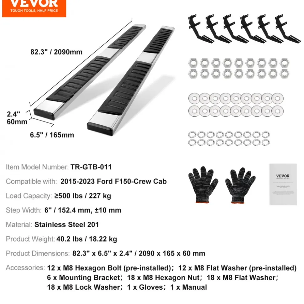 VEVOR Running Boards, 6" Step Bars Compatible with 2015-2023 Ford F150-Crew Cab/2017-2023 Ford F-250 F-350 Super Duty Crew Cab, 201 Stainless Steel Side Steps Nerf Bars, 500LBS Capacity, 2 Piece