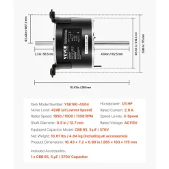 VEVOR 3108706.916 RV AC Fan Motor Compatible with Dometic Brisk Air I Model - Single Phase, 1/5HP AC115V 2.6A 1650 RPM (3 Speeds)