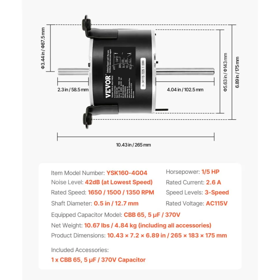 VEVOR 3108706.916 RV AC Fan Motor Compatible with Dometic Brisk Air I Model - Single Phase, 1/5HP AC115V 2.6A 1650 RPM (3 Speeds)