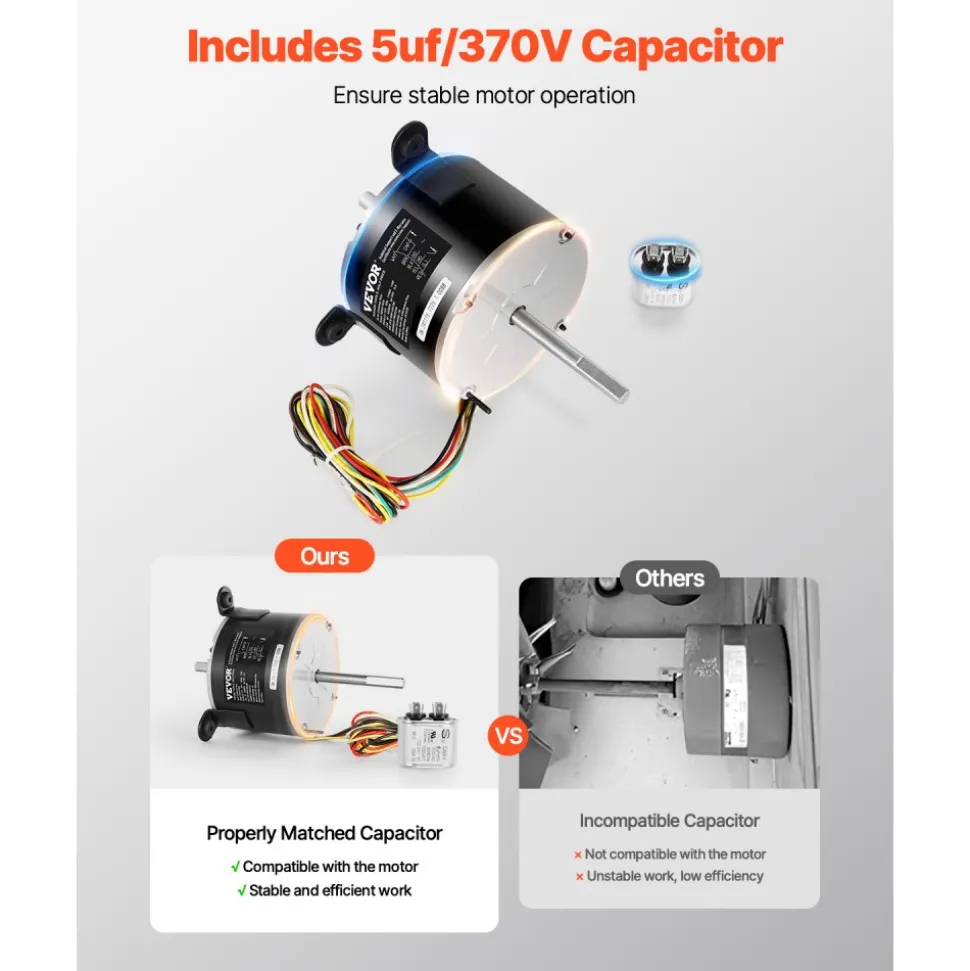 VEVOR 3108706.916 RV AC Fan Motor Compatible with Dometic Brisk Air I Model - Single Phase, 1/5HP AC115V 2.6A 1650 RPM (3 Speeds)