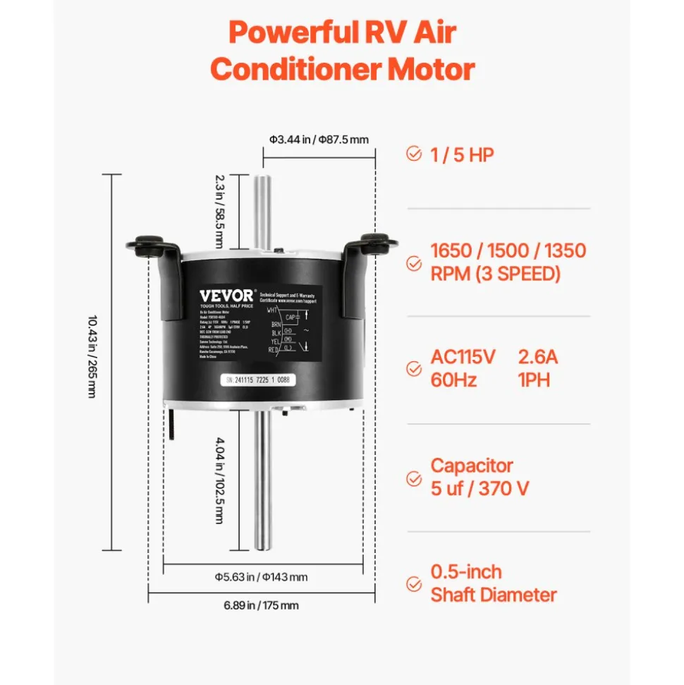 VEVOR 3108706.916 RV AC Fan Motor Compatible with Dometic Brisk Air I Model - Single Phase, 1/5HP AC115V 2.6A 1650 RPM (3 Speeds)
