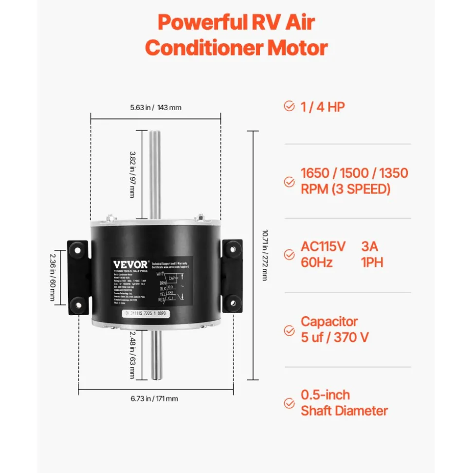 VEVOR 3315332.005 RV AC Fan Motor Replacement Genteq F48AF70A61, Dometic Brisk Air II Fan Motor, Compatible with Dometic Brisk Air II B57915 B59516 B59146 B59186 - 1/4HP AC115V 3A 1650RPM (3 Speeds)