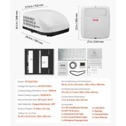 VEVOR RV Air Conditioner, 13500 BTU Non-Ducted Rooftop RV AC Unit, 65 dB Quiet Design, Including Air Distribution Box, Operation Panel and Installation Hardware, for Campers, Vans, Trailers, White
