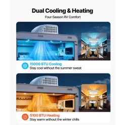 VEVOR RV Air Conditioner, 15000 BTU RV AC Unit, 120V Non-Ducted Rooftop Air Conditioner with Cooling and Heating, Four-Way Airflow, PTC Heating Module, Easy Install Quiet AC with Control Panel, White