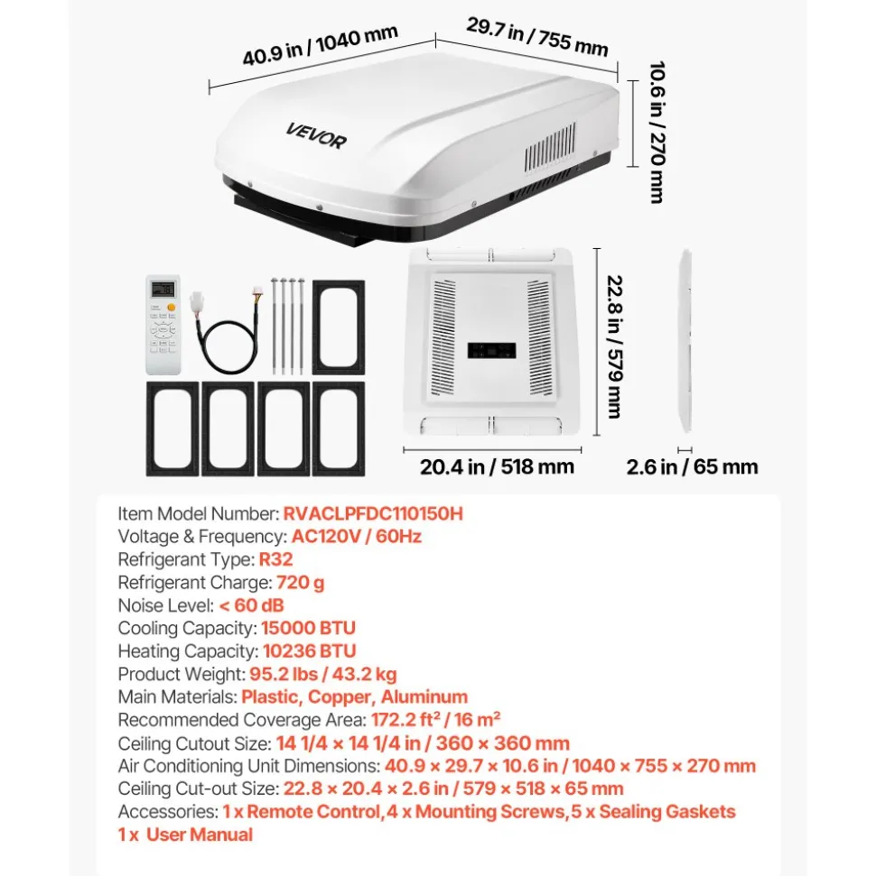 VEVOR RV Air Conditioner, 15000 BTU RV AC Unit, 120V Non-Ducted Rooftop Air Conditioner with Heat Pump and Cooling, Variable Speed Easy Install Quiet AC with ADB Button Control & Remote Control, White