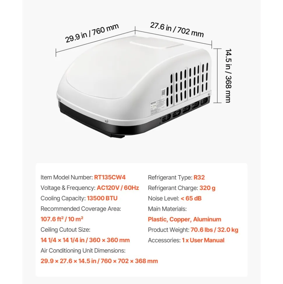 VEVOR RV Air Conditioner, 13500 BTU RV AC Unit, 120V Ducted or Non-Ducted Rooftop Air Conditioner with High-Performance Compressor Motor, Easy Install Quiet Cooling AC with Standard Vent Size, White