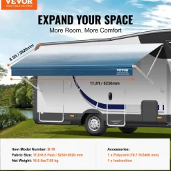 VEVOR RV Awning Fabric Replacement, 17'2" Fabric Length for 18' Awning, Heavy Duty 3-Ply 16oz PVC Camper Awning Fabric, Waterproof & UV Protection Outdoor Canopy for RV, Trailer, Motorhome, Blue Fade