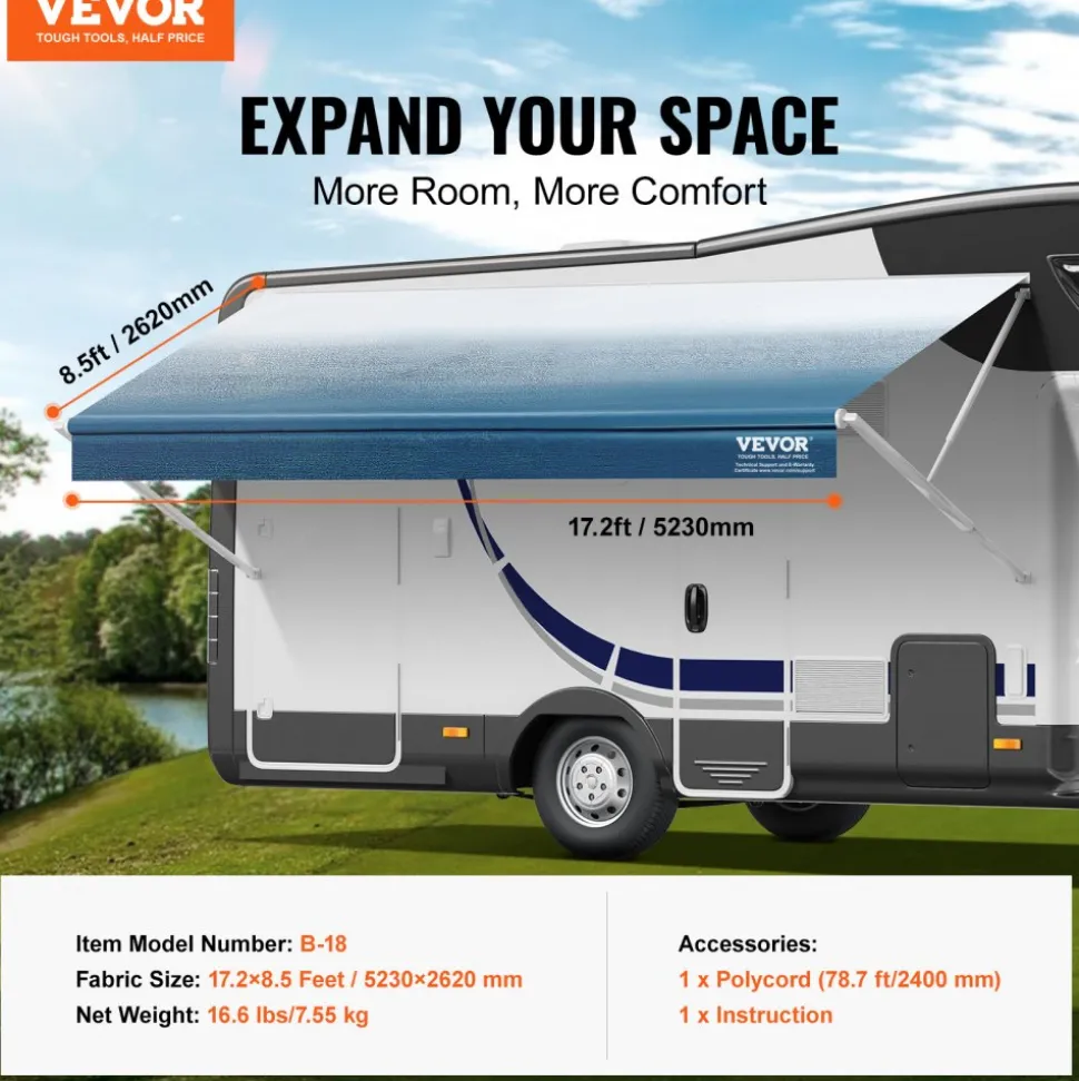 VEVOR RV Awning Fabric Replacement, 17'2" Fabric Length for 18' Awning, Heavy Duty 3-Ply 16oz PVC Camper Awning Fabric, Waterproof & UV Protection Outdoor Canopy for RV, Trailer, Motorhome, Blue Fade