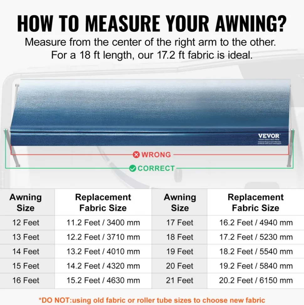 VEVOR RV Awning Fabric Replacement, 17'2" Fabric Length for 18' Awning, Heavy Duty 3-Ply 16oz PVC Camper Awning Fabric, Waterproof & UV Protection Outdoor Canopy for RV, Trailer, Motorhome, Blue Fade