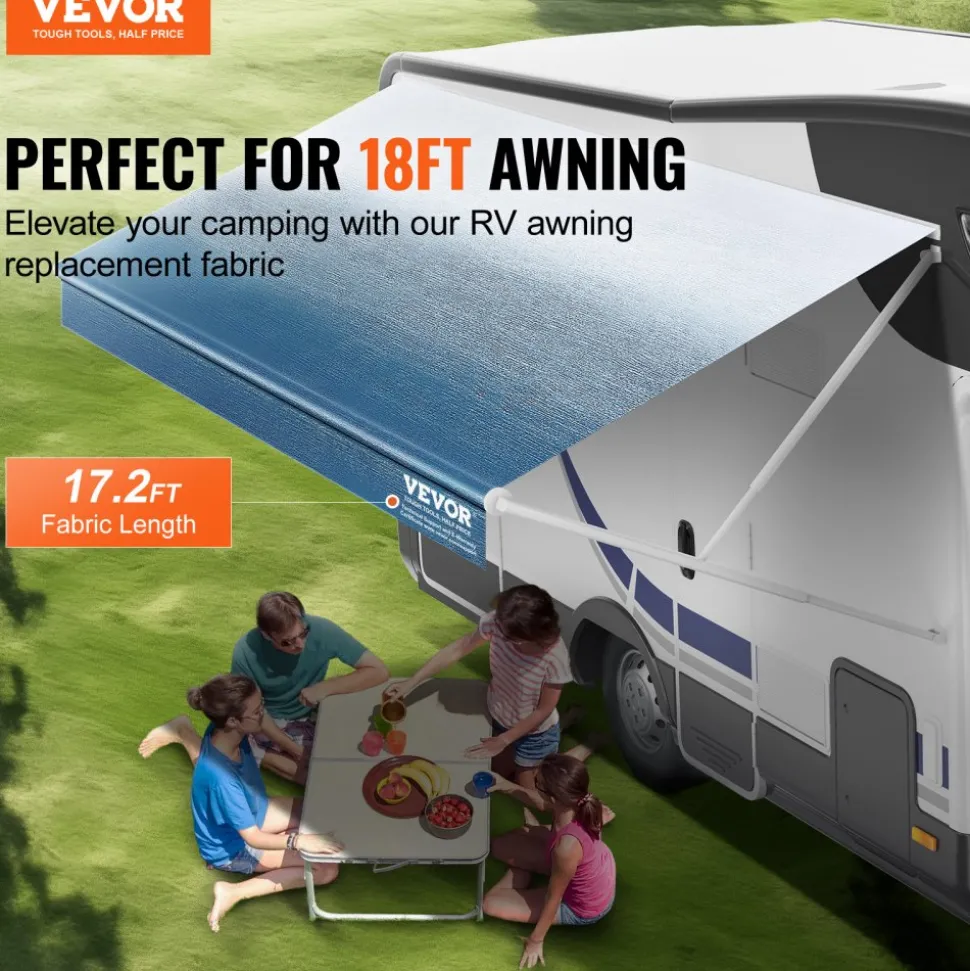 VEVOR RV Awning Fabric Replacement, 17'2" Fabric Length for 18' Awning, Heavy Duty 3-Ply 16oz PVC Camper Awning Fabric, Waterproof & UV Protection Outdoor Canopy for RV, Trailer, Motorhome, Blue Fade