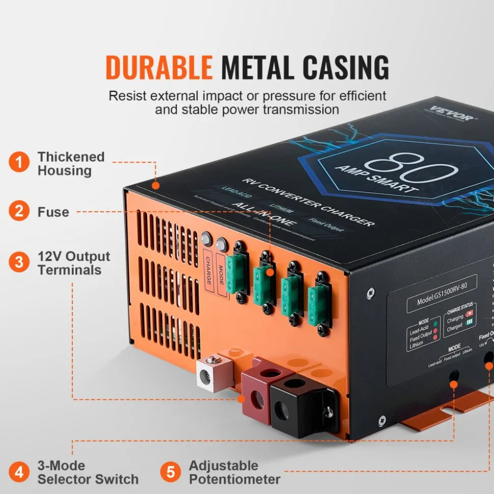 VEVOR RV Converter, 80 Amp, 110V AC to 12V DC RV Power Converter Battery Charger with 4 Stage Smart Charging 13V to 16.5V Adjustable Operating Range, Compatible with Lithium Lead Acid Battery, ETL