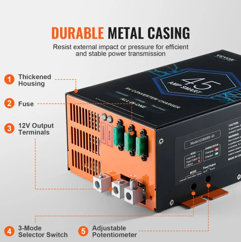 VEVOR RV Converter, 45 Amp, 110V AC to 12V DC RV Power Converter Battery Charger with 4 Stage Smart Charging 13V to 16.5V Adjustable Operating Range, Compatible with Lithium Lead Acid Battery, ETL