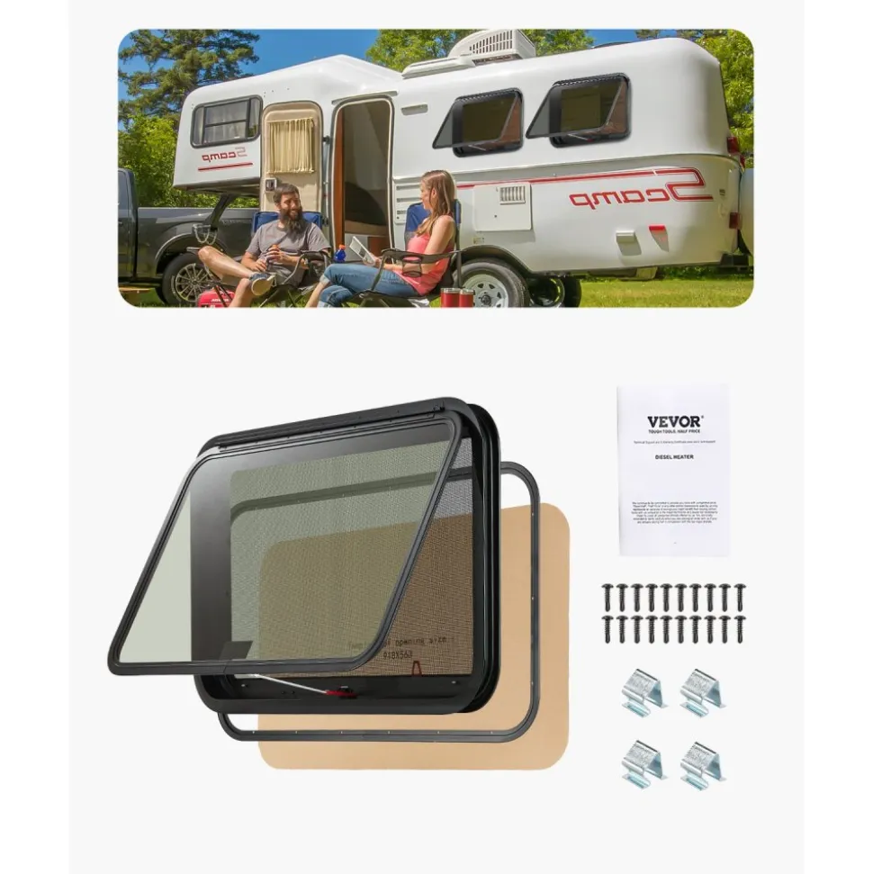 VEVOR RV Exit Window, 36" W x 22" H Tinted RV Window with Net Screen and Trim Ring, Fit for 1 1/4" - 1 13/16" Thickness Wall, RV Window Replacement for Teardrop Cargo Trailer Camper, DOT Approved