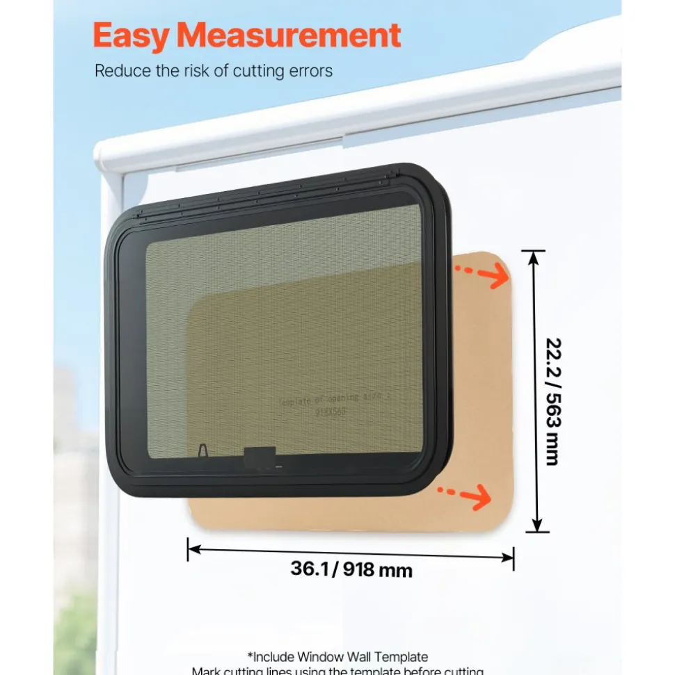 VEVOR RV Exit Window, 36" W x 22" H Tinted RV Window with Net Screen and Trim Ring, Fit for 1 1/4" - 1 13/16" Thickness Wall, RV Window Replacement for Teardrop Cargo Trailer Camper, DOT Approved