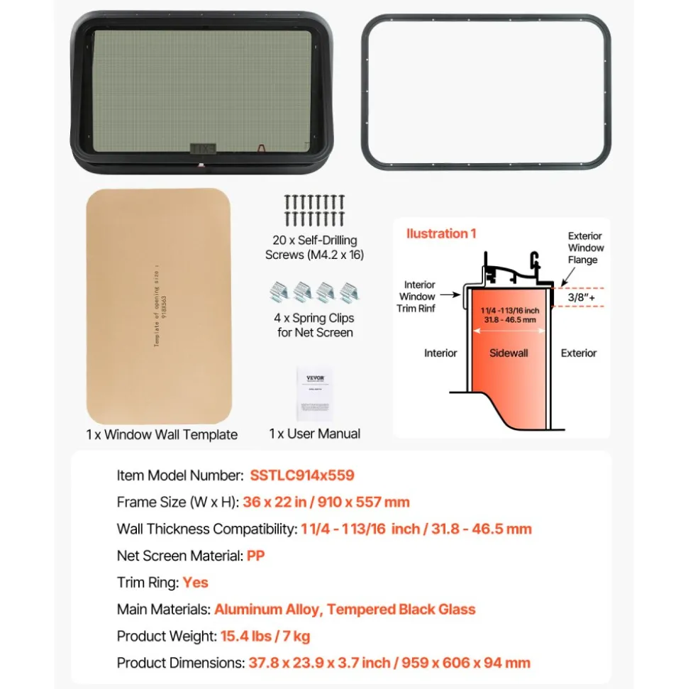 VEVOR RV Exit Window, 36" W x 22" H Tinted RV Window with Net Screen and Trim Ring, Fit for 1 1/4" - 1 13/16" Thickness Wall, RV Window Replacement for Teardrop Cargo Trailer Camper, DOT Approved