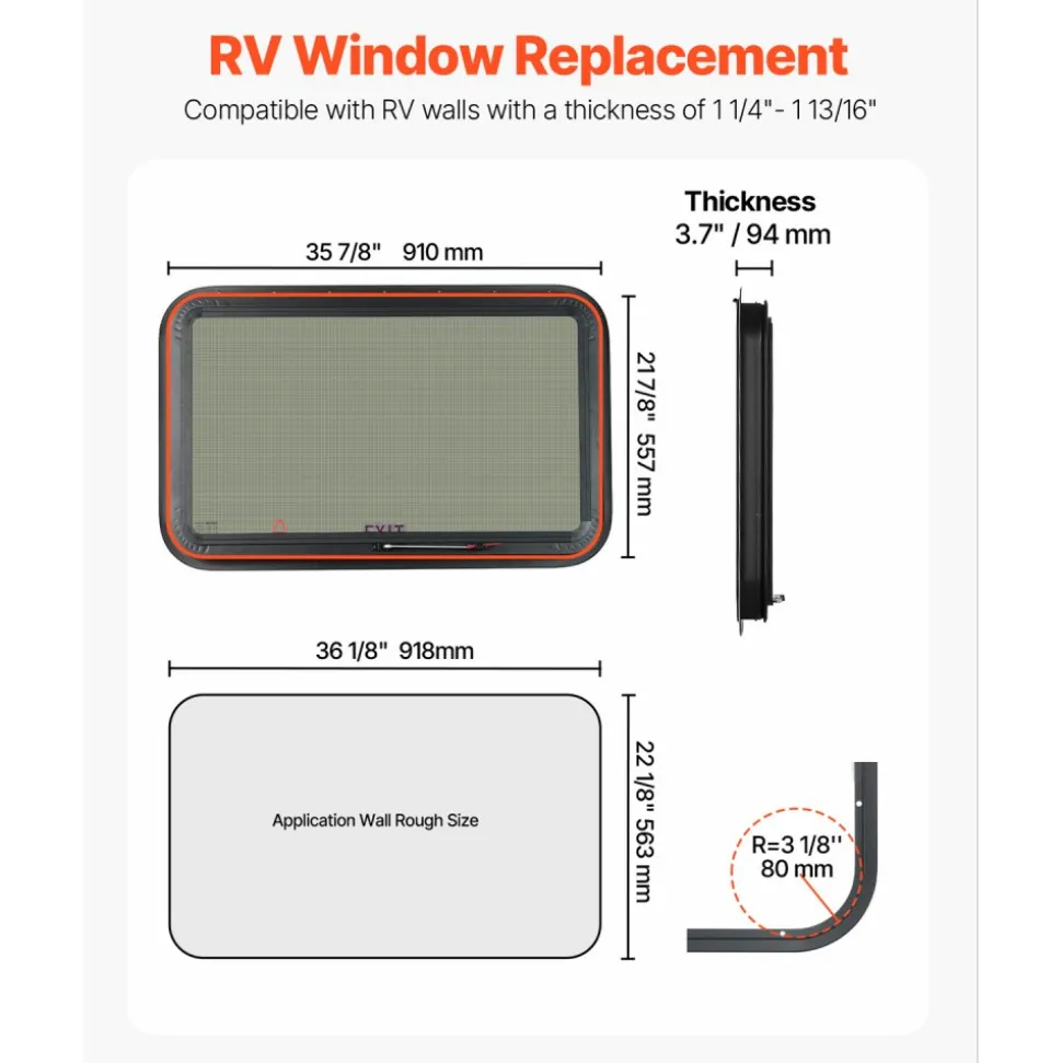 VEVOR RV Exit Window, 36" W x 22" H Tinted RV Window with Net Screen and Trim Ring, Fit for 1 1/4" - 1 13/16" Thickness Wall, RV Window Replacement for Teardrop Cargo Trailer Camper, DOT Approved