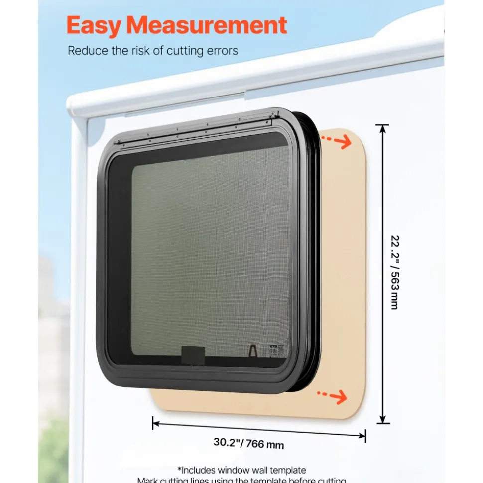 VEVOR RV Exit Window, 30" W x 22" H Tinted RV Window with Net Screen and Trim Ring, Fit for 1 1/4" - 1 13/16" Thickness Wall, RV Window Replacement for Teardrop Cargo Trailer Camper, DOT Approved