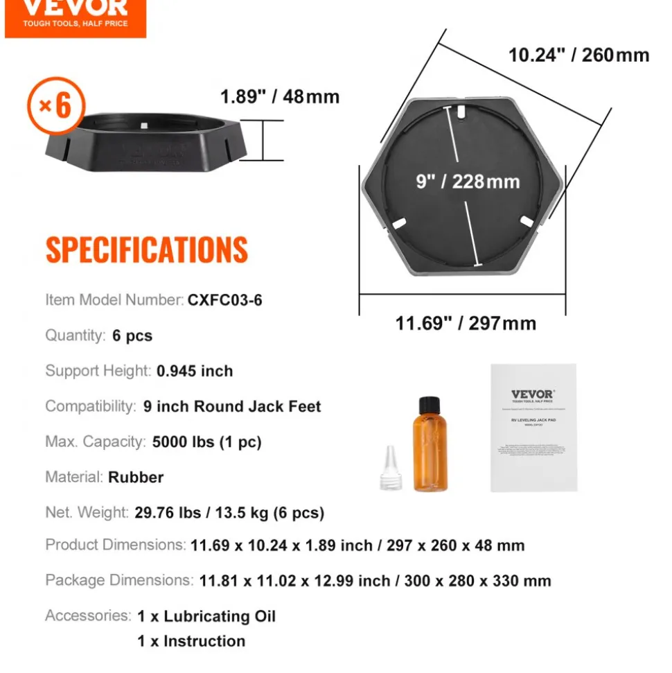 VEVOR RV Leveling Pads, 9 Inch Round Landing Feet, Permanent Attached Jack Stabilizers, Rubber Jack Pads, 5000 lbs Capacity per RV Jack Pad, 5th Wheels, Travel Trailers, Class A/C Motorhomes (6-Pack)