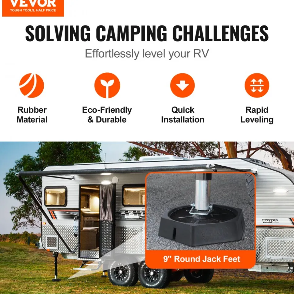 VEVOR RV Leveling Pads, 9 Inch Round Landing Feet, Permanent Attached Jack Stabilizers, Rubber Jack Pads, 5000 lbs Capacity per RV Jack Pad, 5th Wheels, Travel Trailers, Class A/C Motorhomes (6-Pack)
