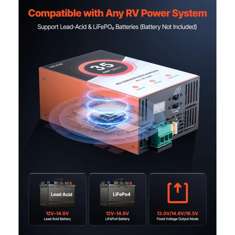 VEVOR RV Power Converter, 35 Amp, 110V AC to 12V DC RV Converter Battery Charger, 4 Stage Smart Charging, 13V to 16.5V Operating Range, Compatible with Lithium Lead Acid Battery, for Camper Trailer