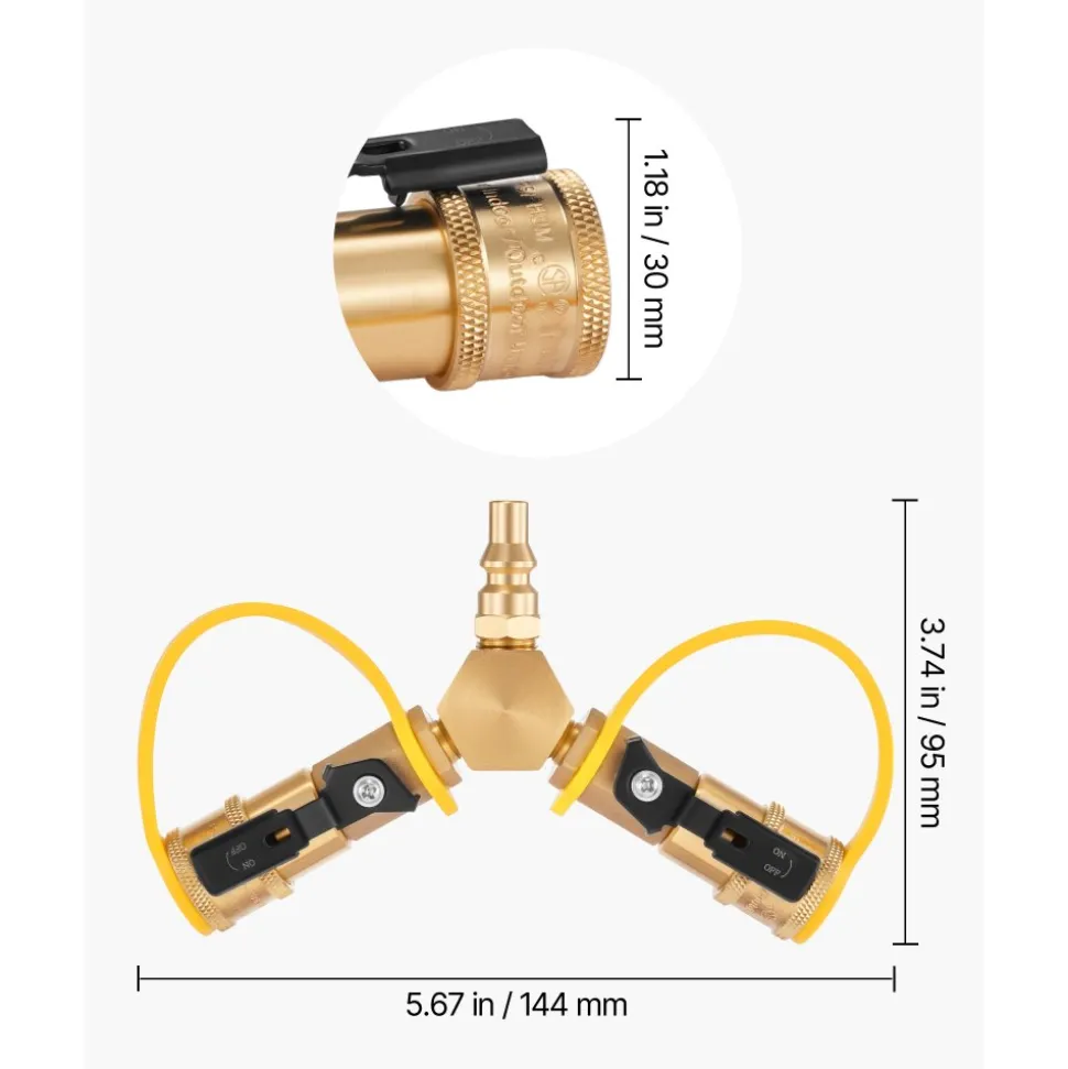 VEVOR RV Propane Quick Connect Y Splitter Adapter with Shutoff Valve, 2 Way 1/4 inch Quick Disconnect Kit, Fits for RV Trailer, Quick Connect Propane Hose Connect to Motorhome Tabletop Camping Grill