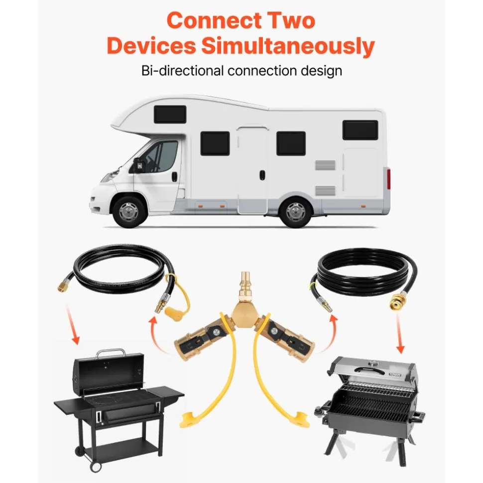 VEVOR RV Propane Quick Connect Y Splitter Adapter with Shutoff Valve, 2 Way 1/4 inch Quick Disconnect Kit, Fits for RV Trailer, Quick Connect Propane Hose Connect to Motorhome Tabletop Camping Grill