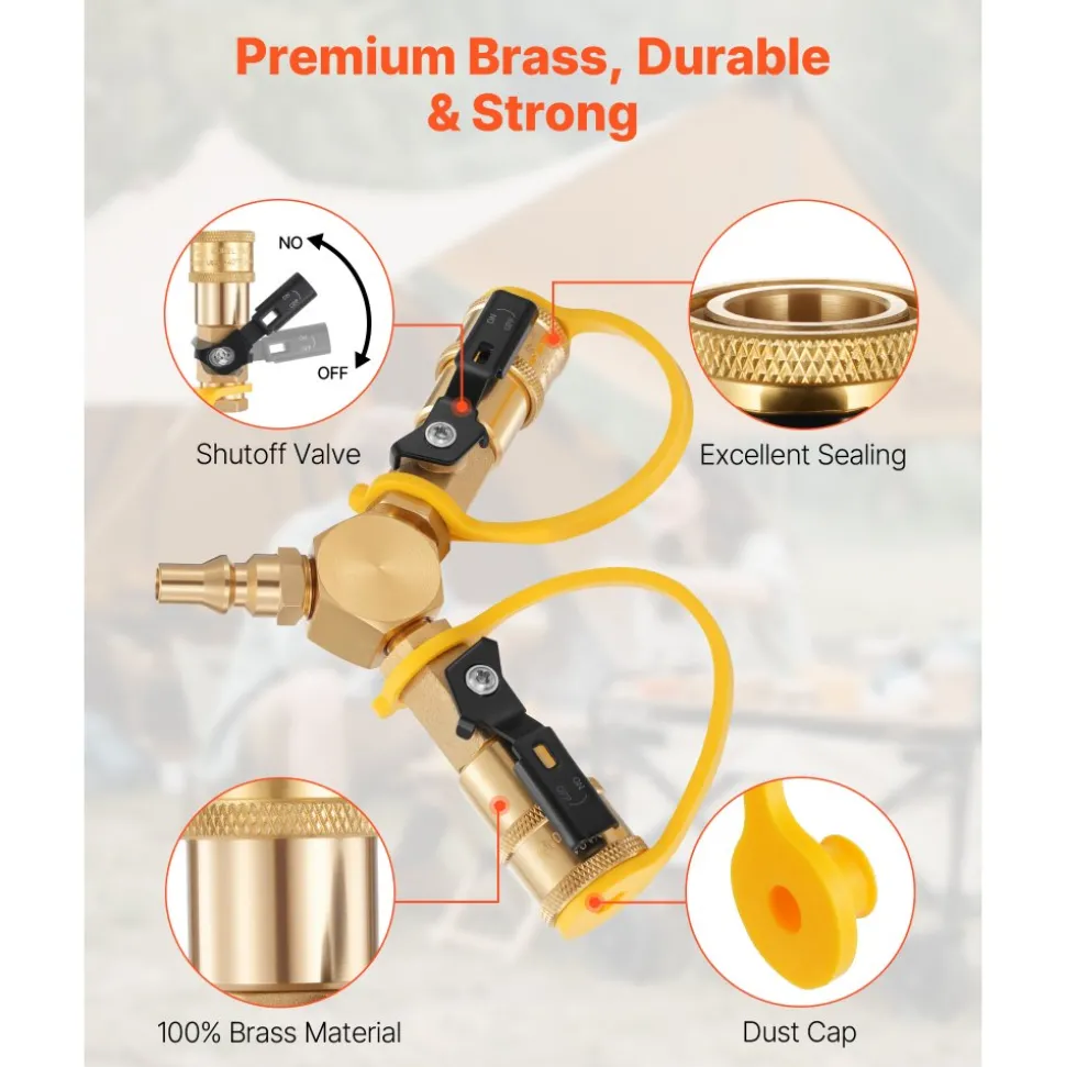 VEVOR RV Propane Quick Connect Y Splitter Adapter with Shutoff Valve, 2 Way 1/4 inch Quick Disconnect Kit, Fits for RV Trailer, Quick Connect Propane Hose Connect to Motorhome Tabletop Camping Grill