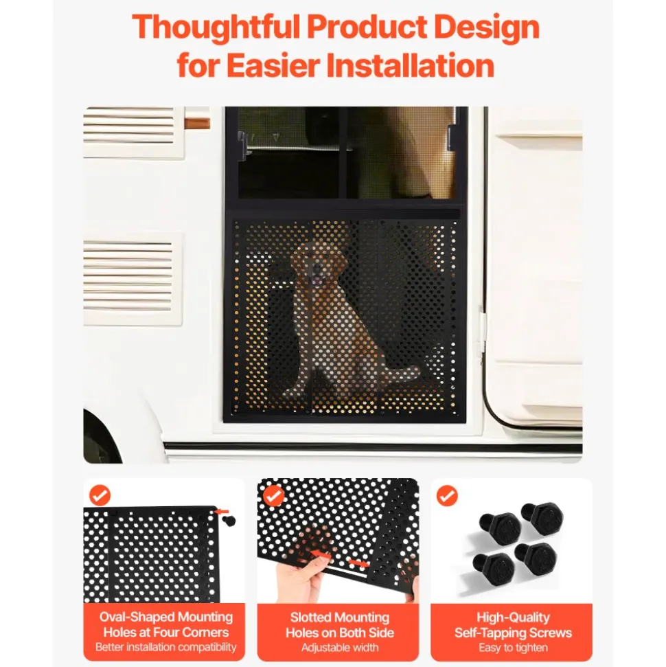 VEVOR RV Screen Door Protector, Adjusts from 22 to 31.5 inch, Adjustable Door Grille, Easy to Install, Reinforced Breathable Honeycomb Holes, Iron Camper RV Entry Protector for Pet Protection, Black
