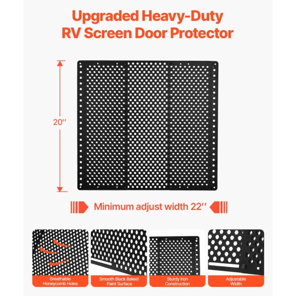 VEVOR RV Screen Door Protector, Adjusts from 22 to 31.5 inch, Adjustable Door Grille, Easy to Install, Reinforced Breathable Honeycomb Holes, Iron Camper RV Entry Protector for Pet Protection, Black