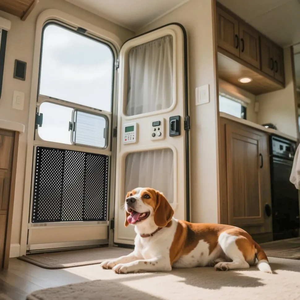 VEVOR RV Screen Door Protector, Adjusts from 22 to 31.5 inch, Adjustable Door Grille, Easy to Install, Reinforced Breathable Honeycomb Holes, Iron Camper RV Entry Protector for Pet Protection, Black