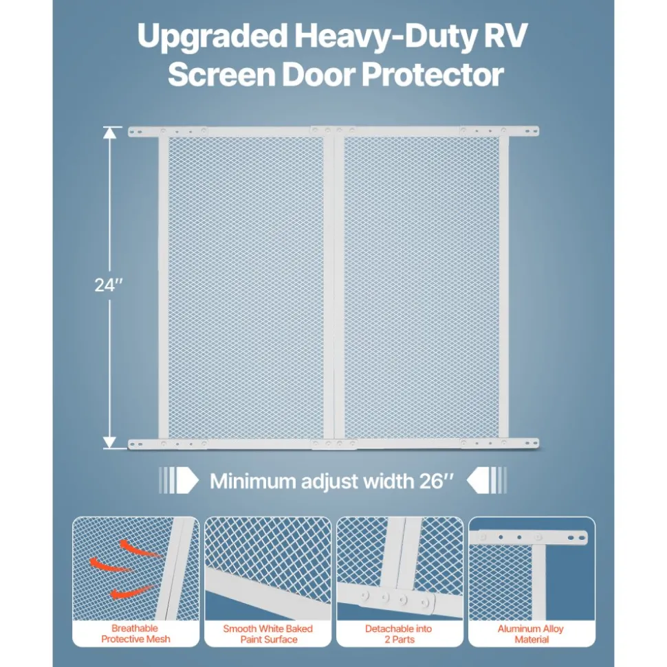 VEVOR RV Screen Door Protector, 24 x 26 inch Door Grille, Easy to Install and Disassemble, Reinforced Breathable Protective Mesh, Aluminum Alloy Camper RV Entry Protector for Pet Protection, White
