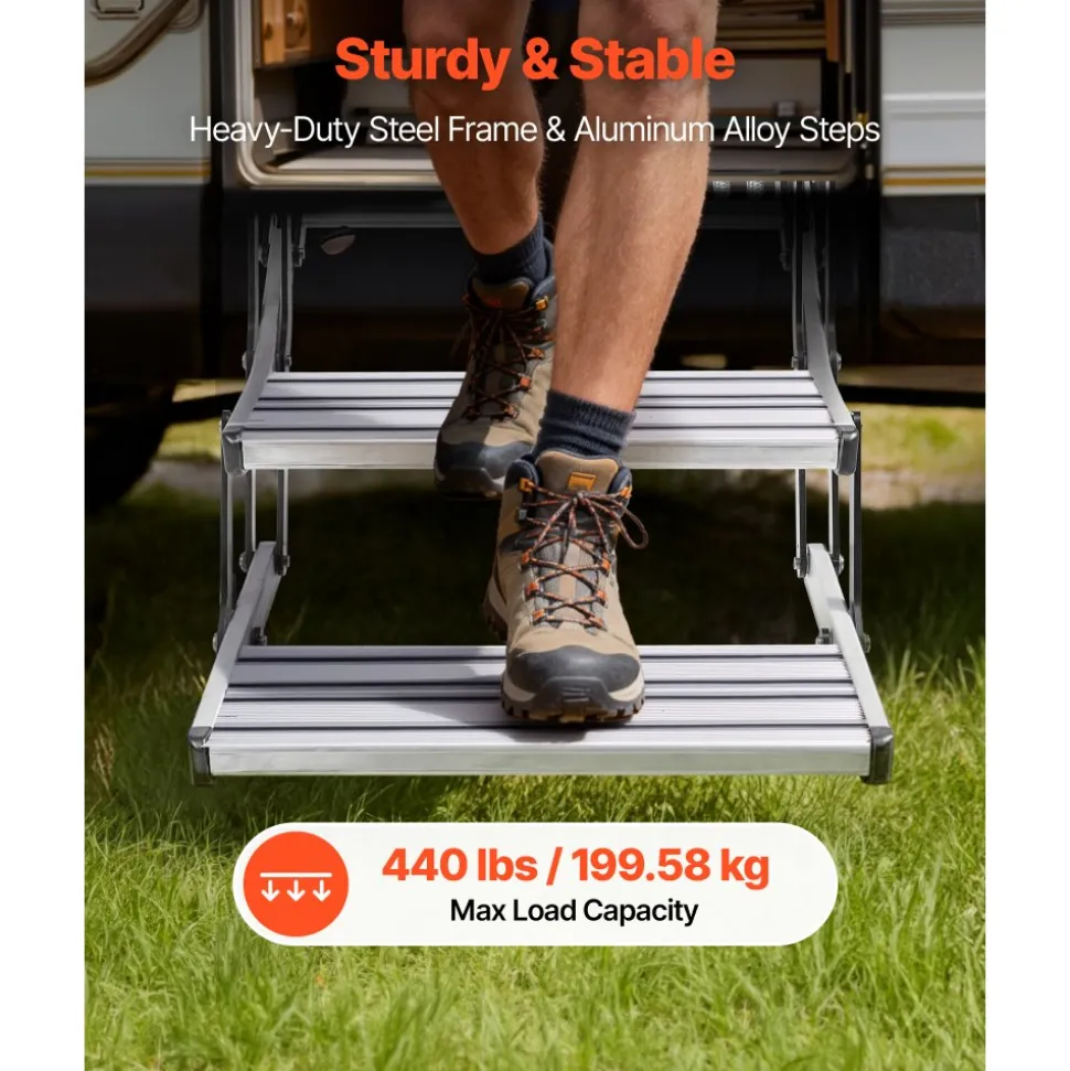 VEVOR RV Steps, 2-Step, 440 lbs Load Capacity, Manual Retractable RV Stairs, Telescopic Folding Aluminum Alloy Camper Steps, Steel Frame Non-Slip Entry Stairs for Camper Van Motorhome Travel Trailer
