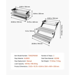 VEVOR RV Steps, 2-Step, 440 lbs Load Capacity, Manual Retractable RV Stairs, Telescopic Folding Aluminum Alloy Camper Steps, Steel Frame Non-Slip Entry Stairs for Camper Van Motorhome Travel Trailer
