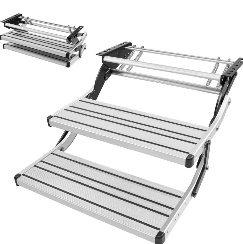 VEVOR RV Steps, 2-Step, 440 lbs Load Capacity, Manual Retractable RV Stairs, Telescopic Folding Aluminum Alloy Camper Steps, Steel Frame Non-Slip Entry Stairs for Camper Van Motorhome Travel Trailer