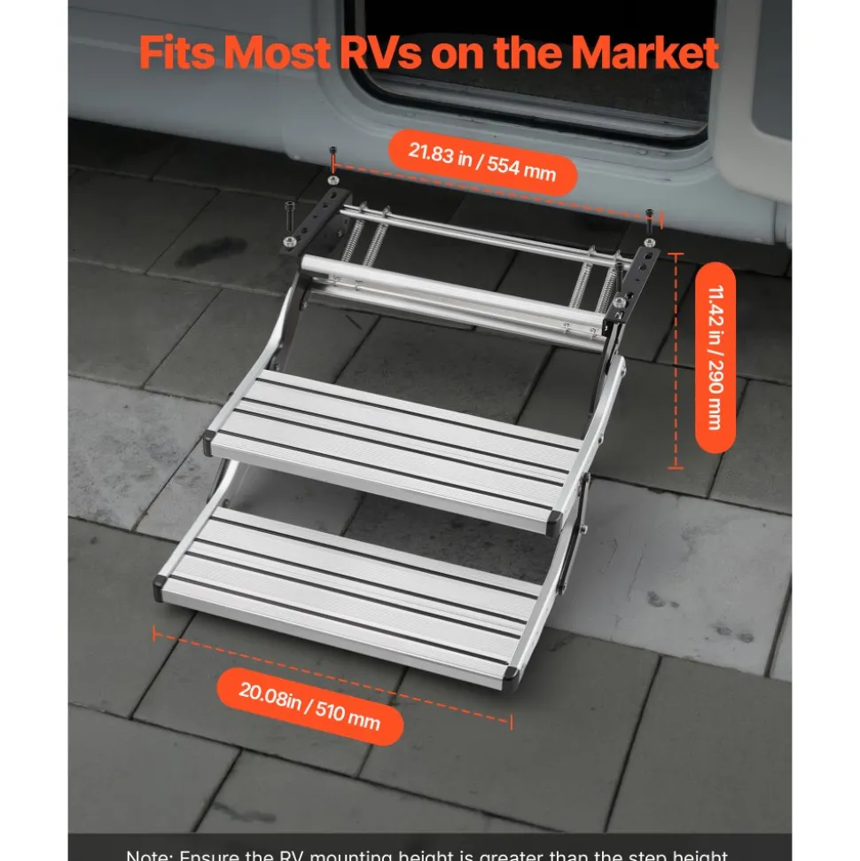 VEVOR RV Steps, 2-Step, 440 lbs Load Capacity, Manual Retractable RV Stairs, Telescopic Folding Aluminum Alloy Camper Steps, Steel Frame Non-Slip Entry Stairs for Camper Van Motorhome Travel Trailer