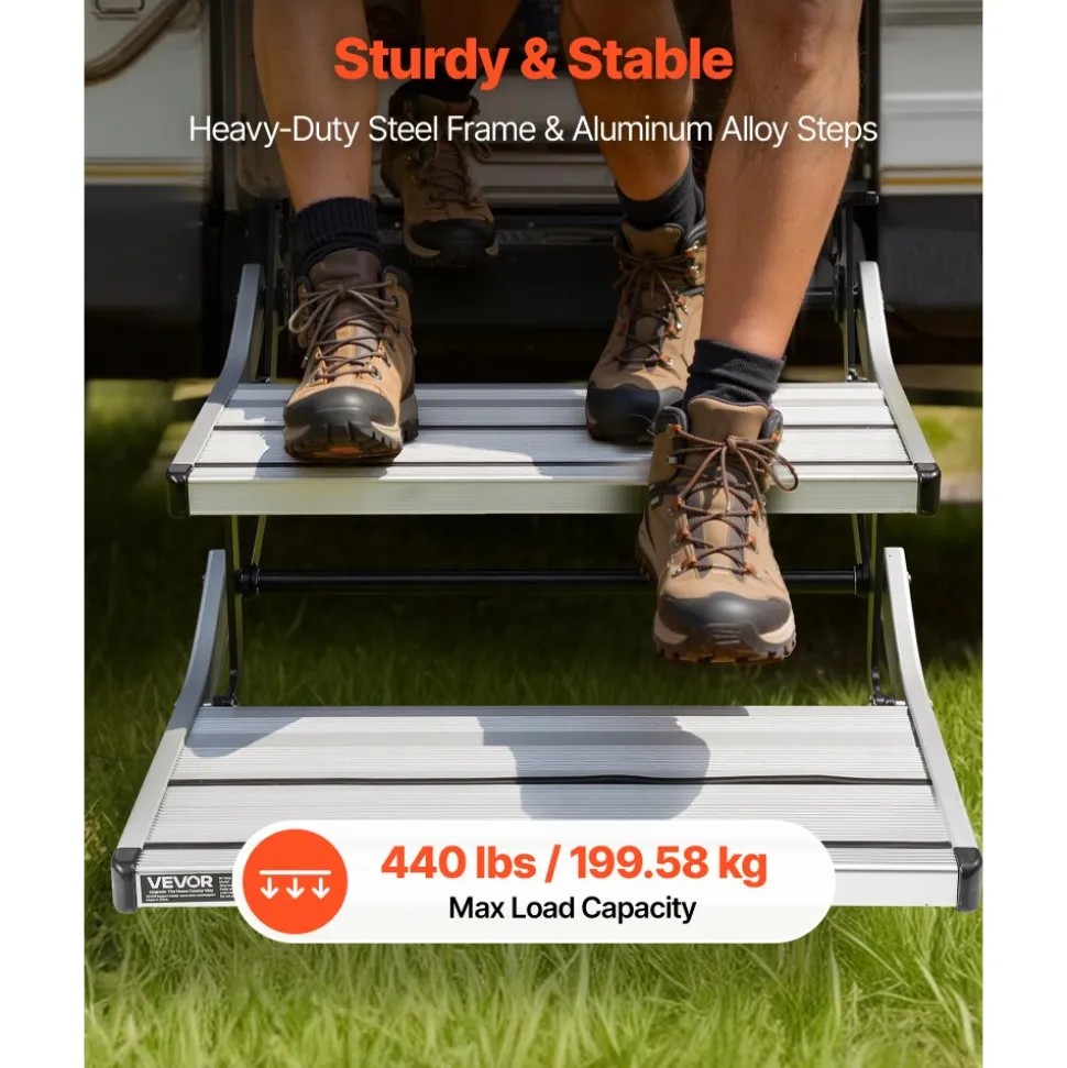 VEVOR RV Steps, 2-Step, 440 lbs Load Capacity, Electric Retractable RV Stairs, Telescopic Folding Aluminum Alloy Camper Steps, Steel Frame Non-Slip Entry Stair for Camper Van Motorhome Travel Trailer