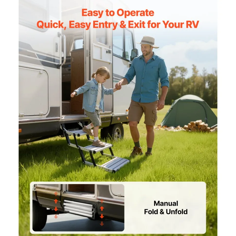 VEVOR RV Steps, 3-Step, 440 lbs Load Capacity, Manual Retractable RV Stairs, Telescopic Folding Aluminum Alloy Camper Steps, Steel Frame Non-Slip Entry Stairs for Camper Van Motorhome Travel Trailer