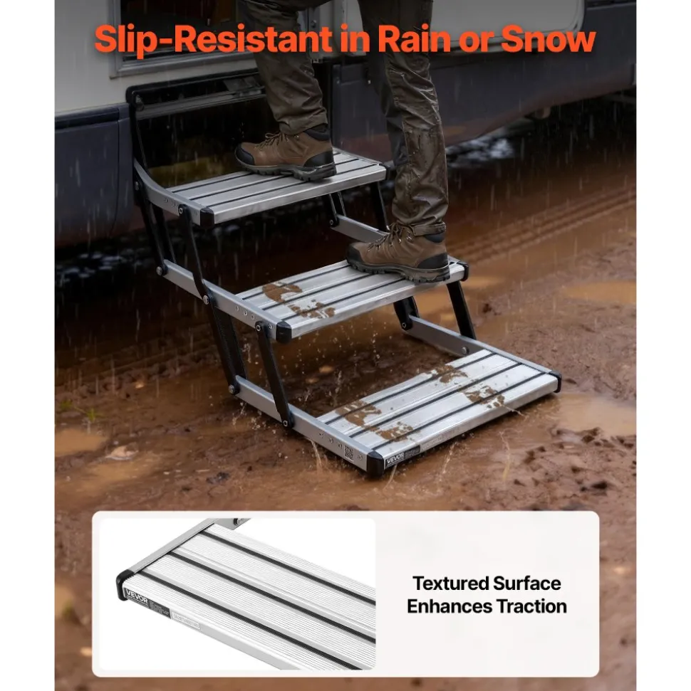 VEVOR RV Steps, 3-Step, 440 lbs Load Capacity, Manual Retractable RV Stairs, Telescopic Folding Aluminum Alloy Camper Steps, Steel Frame Non-Slip Entry Stairs for Camper Van Motorhome Travel Trailer