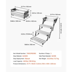 VEVOR RV Steps, 3-Step, 440 lbs Load Capacity, Manual Retractable RV Stairs, Telescopic Folding Aluminum Alloy Camper Steps, Steel Frame Non-Slip Entry Stairs for Camper Van Motorhome Travel Trailer
