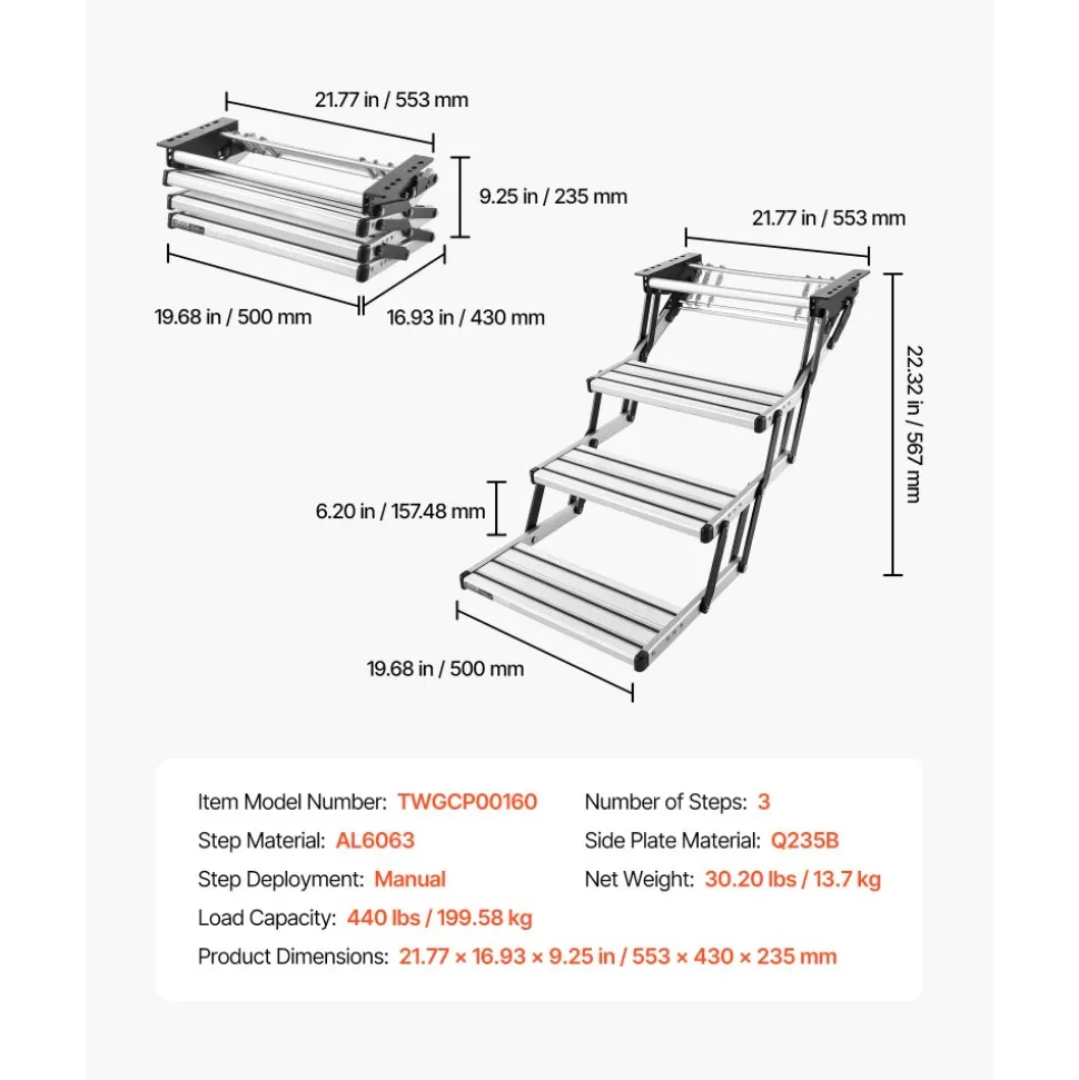 VEVOR RV Steps, 3-Step, 440 lbs Load Capacity, Manual Retractable RV Stairs, Telescopic Folding Aluminum Alloy Camper Steps, Steel Frame Non-Slip Entry Stairs for Camper Van Motorhome Travel Trailer